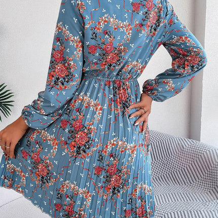 Pleated Printed Tie Neck Long Sleeve Dress - MimiStylez