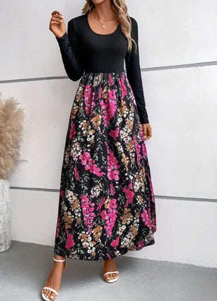 Floral Round Neck Long Sleeve Maxi Dress - MimiStylez