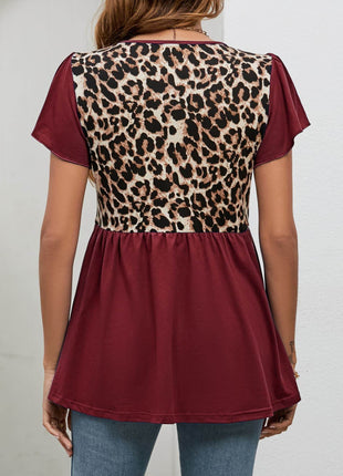 Leopard Round Neck Flutter Sleeve Babydoll Blouse - MimiStylez