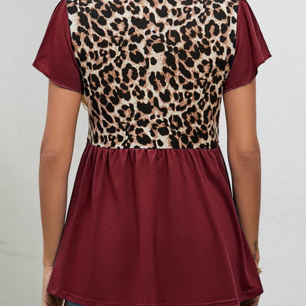 Leopard Round Neck Flutter Sleeve Babydoll Blouse - MimiStylez