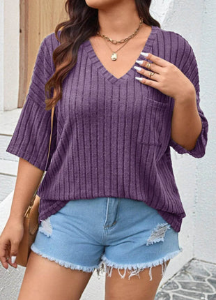 Plus Size V-Neck Ribbed Knit T-Shirt - MimiStylez
