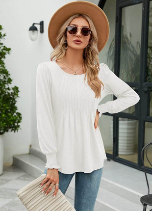 Smocked Round Neck Lantern Sleeve Blouse - MimiStylez