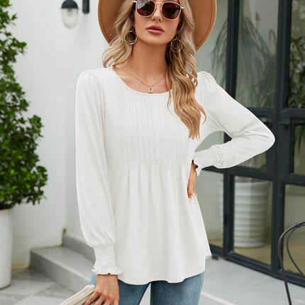 Smocked Round Neck Lantern Sleeve Blouse - MimiStylez