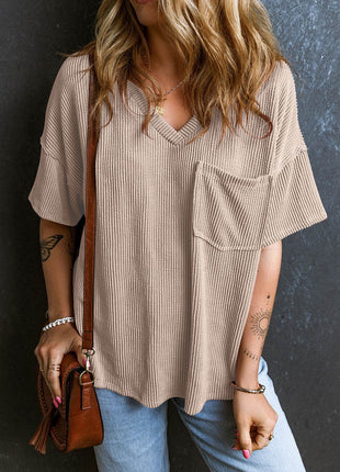 Textured V-Neck Dropped Shoulder T-Shirt - MimiStylez