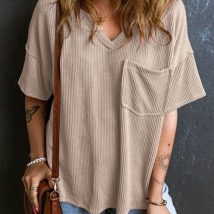 Textured V-Neck Dropped Shoulder T-Shirt - MimiStylez