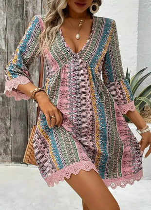 Lace Trim Printed V-Neck 3/4 Sleeve Dress - MimiStylez