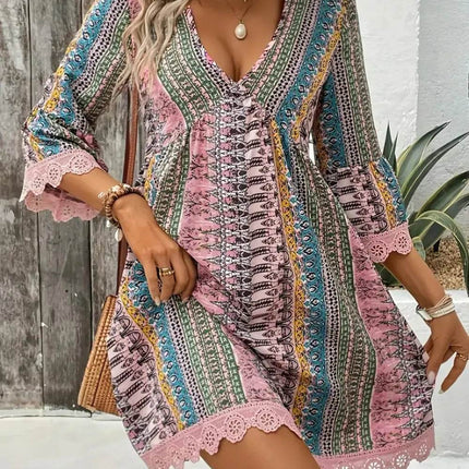 Lace Trim Printed V-Neck 3/4 Sleeve Dress - MimiStylez