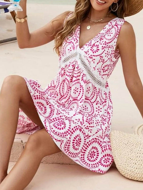 Printed V-Neck Sleeveless Mini Dress - MimiStylez