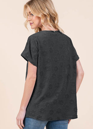 BOMBOM Textured Floral Pattern Short Sleeve T-Shirt - MimiStylez