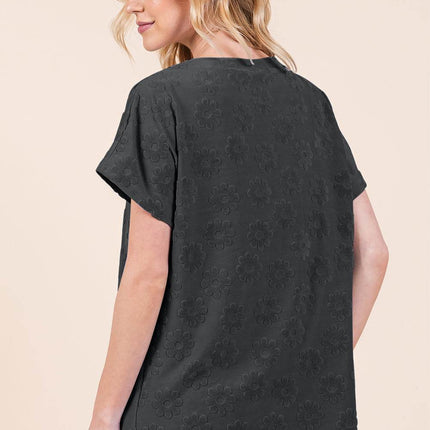 BOMBOM Textured Floral Pattern Short Sleeve T-Shirt - MimiStylez