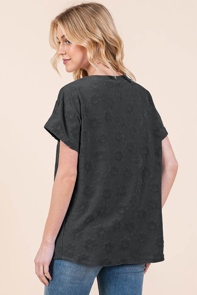 BOMBOM Textured Floral Pattern Short Sleeve T-Shirt - MimiStylez