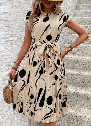 Tied Pleated Printed Cap Sleeve Dress - MimiStylez