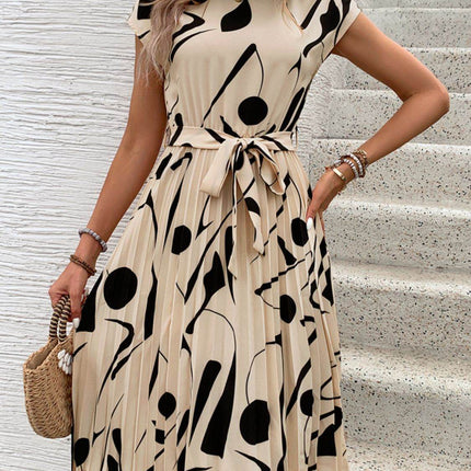 Tied Pleated Printed Cap Sleeve Dress - MimiStylez