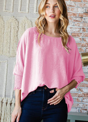 Reborn J Texture Round Neck Smocked Half Sleeve Top - MimiStylez