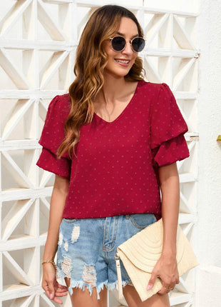 Swiss Dot V-Neck Short Sleeve Blouse - MimiStylez