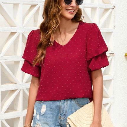 Swiss Dot V-Neck Short Sleeve Blouse - MimiStylez