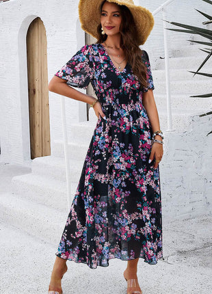 Smocked Floral V-Neck Short Sleeve Dress - MimiStylez