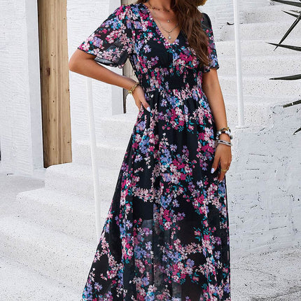 Smocked Floral V-Neck Short Sleeve Dress - MimiStylez
