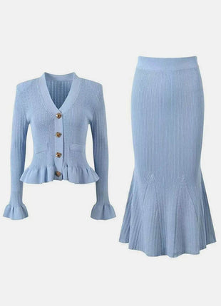 Ruffled V-Neck Top and Midi Skirt Sweater Set - MimiStylez