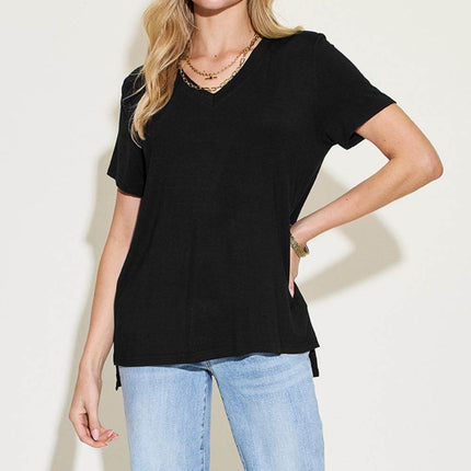 Basic Bae Full Size V-Neck High-Low T-Shirt - MimiStylez