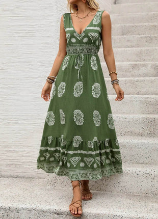 Printed V-Neck Sleeveless Dress - MimiStylez