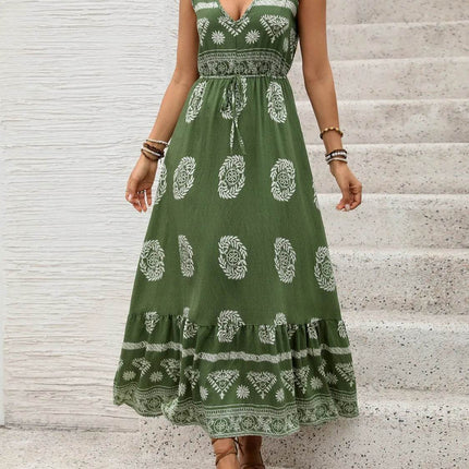 Printed V-Neck Sleeveless Dress - MimiStylez