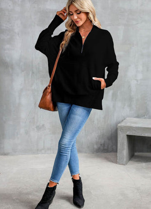 Half Zip Pocketed Dropped Shoulder Sweatshirt - MimiStylez