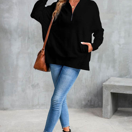 Half Zip Pocketed Dropped Shoulder Sweatshirt - MimiStylez