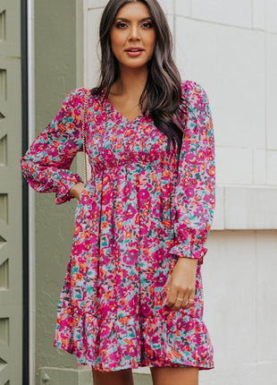 Floral Smocked V-Neck Flounce Sleeve Dress - MimiStylez
