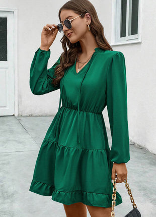 V-Neck Tie Neck Long Sleeve Dress - MimiStylez