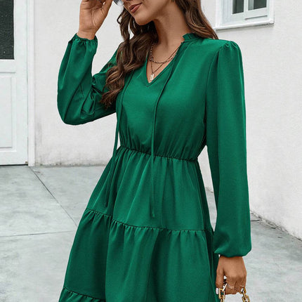 V-Neck Tie Neck Long Sleeve Dress - MimiStylez