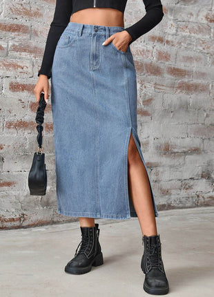 Slit High Waist Denim Skirt with Pockets - MimiStylez