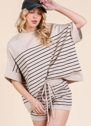 Lime 'N' Chili Striped Folded Half Sleeve Top and Shorts Set - MimiStylez