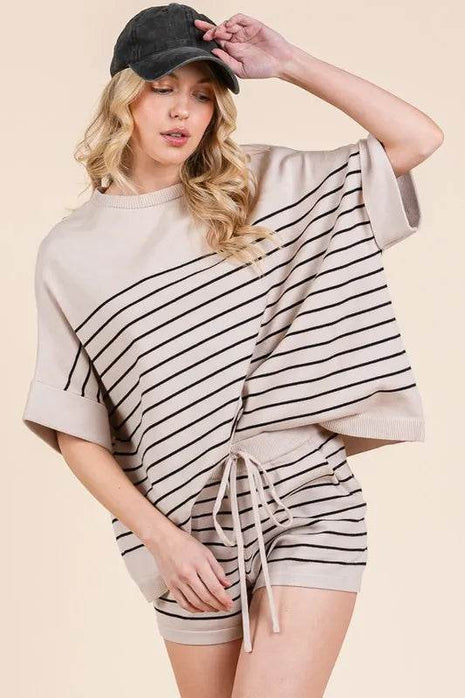 Lime 'N' Chili Striped Folded Half Sleeve Top and Shorts Set - MimiStylez