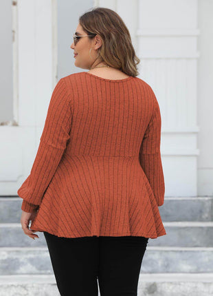Plus Size Ribbed V-Neck Long Sleeve Blouse - MimiStylez