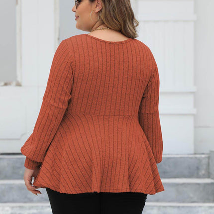 Plus Size Ribbed V-Neck Long Sleeve Blouse - MimiStylez