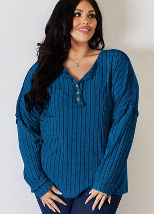 Basic Bae Full Size Ribbed Half Button Long Sleeve T-Shirt - MimiStylez