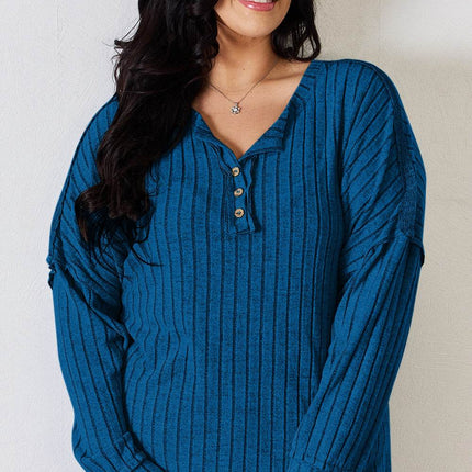 Basic Bae Full Size Ribbed Half Button Long Sleeve T-Shirt - MimiStylez