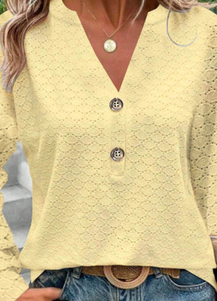 Eyelet Notched Long Sleeve T-Shirt - MimiStylez