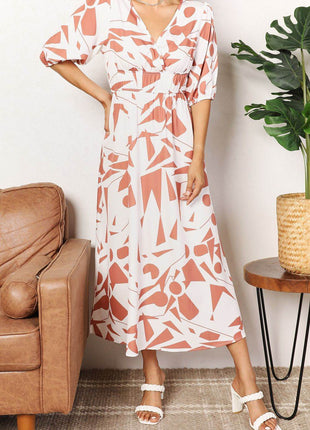 Printed Surplice Balloon Sleeve Dress - MimiStylez