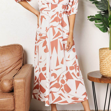 Printed Surplice Balloon Sleeve Dress - MimiStylez