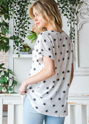 Heimish Full Size Star Print Short Sleeve V-Neck Waffle Knit T-Shirt - MimiStylez
