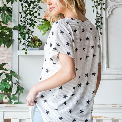 Heimish Full Size Star Print Short Sleeve V-Neck Waffle Knit T-Shirt - MimiStylez