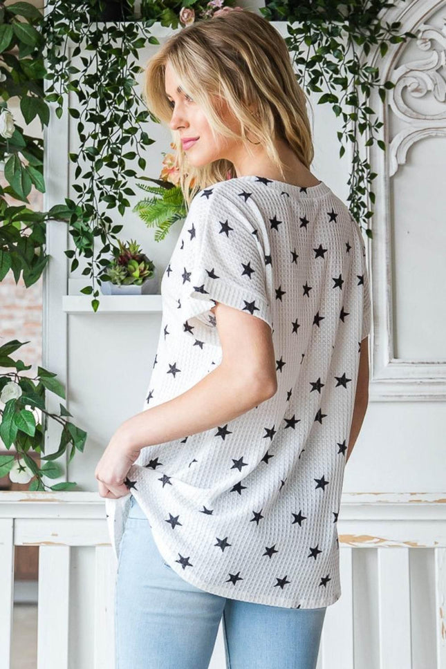Heimish Full Size Star Print Short Sleeve V-Neck Waffle Knit T-Shirt - MimiStylez