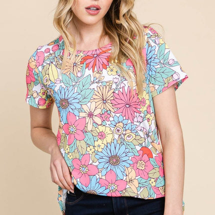 BOMBOM Floral Short Sleeve T-Shirt - MimiStylez