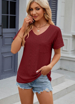 Eyelet V-Neck Short Sleeve T-Shirt - MimiStylez