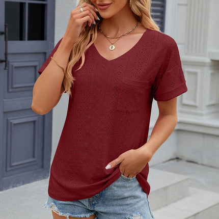 Eyelet V-Neck Short Sleeve T-Shirt - MimiStylez