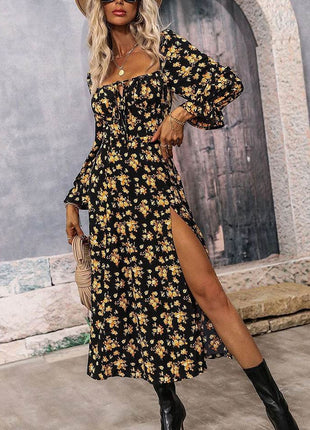 Square Neck Printed Slit Dress - MimiStylez