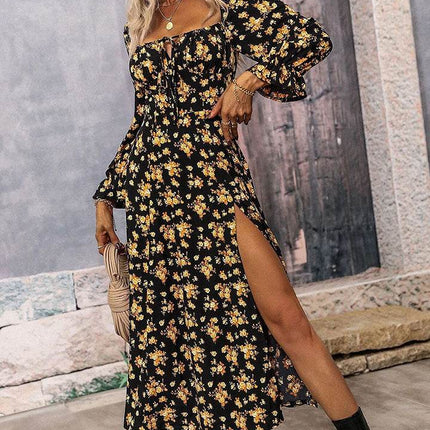 Square Neck Printed Slit Dress - MimiStylez
