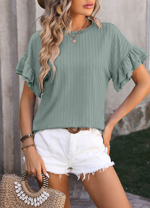 Ruffled Round Neck Short Sleeve Blouse - MimiStylez